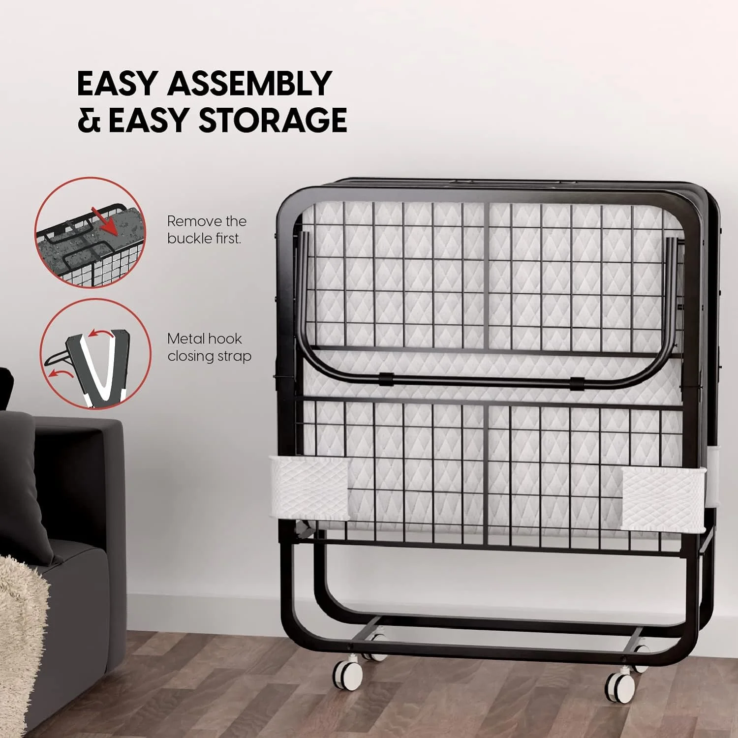 Folding Bed With Mattress - 75X38 Size Bed Frame - Portable Foldable Roll Away Adult Bed For Guest - 5-Inch Thick, Memory Foam, - Space Saving Fold Up Bed For Easy Storage