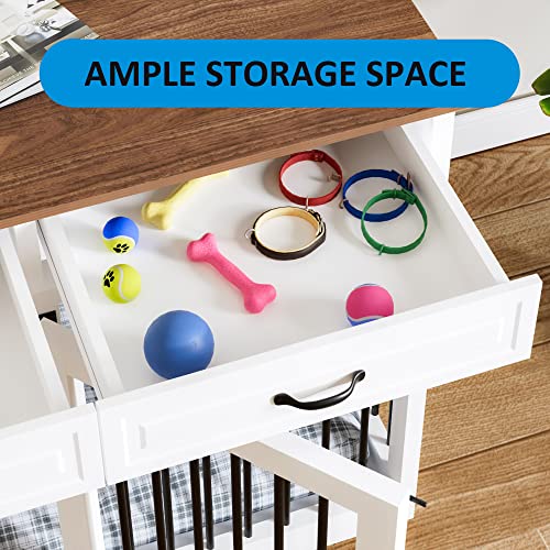 Large Dog Crate Furniture, 86.6 Inch Large Wooden Dog Kennel with Drawers & Divider, Heavy Duty Indoor Furniture Style Dog House with Double Rooms for Large Medium Small Dogs, White