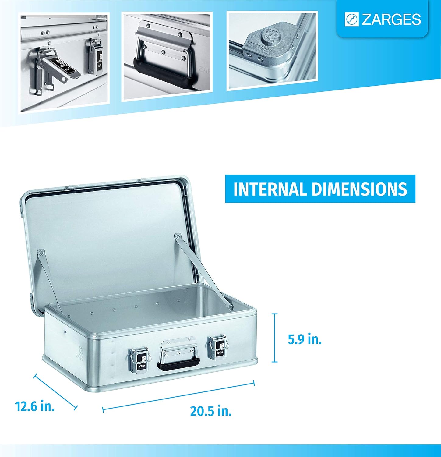 Zarges?K470 Aluminum Hard Protective Carrying Case, Portable Stackable Storage, Customizable Safe Lock Box, Dust and Water Resistant (44.1 x 28.3 x 18.9 Inches)