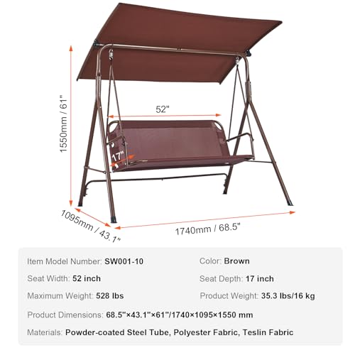 VEVOR 3-Seat Patio Swing Chair, Converting Canopy Swing, Outdoor Patio Porch with Adjustable Canopy, Removable Thick Cushion and Alloy Steel Frame, for Balcony, Backyard, Poolside, Brown