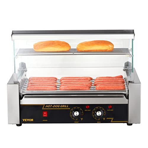 VEVOR Hot Dog Roller, 12 Hot Dog Capacity 5 Rollers, 750W Stainless Steel Cook Warmer Machine with Dual Temp Control, LED Light and Detachable Drip Tray, Sausage Grill Cooker for Kitchen Restaurant
