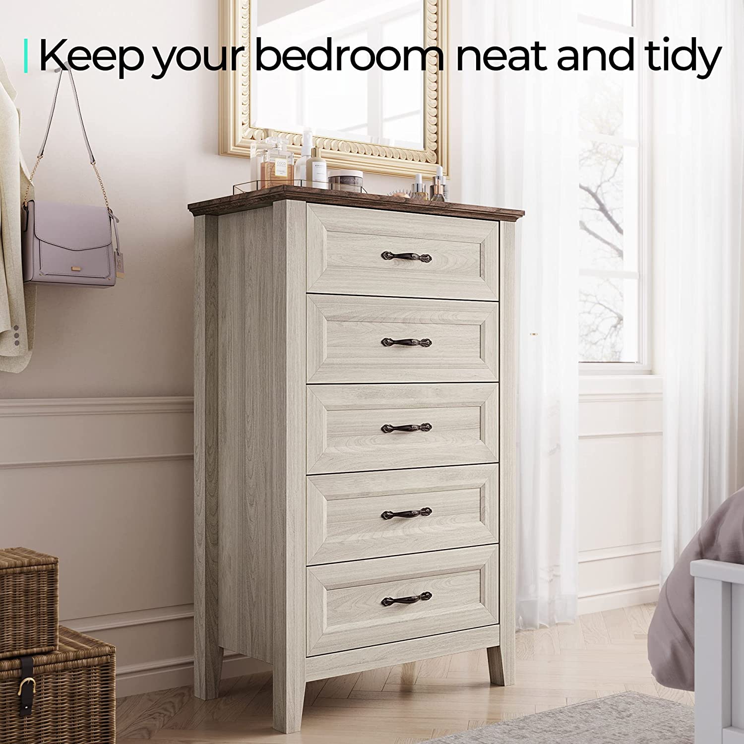 Beige Dresser for Bedroom, 5 Drawer Dresser with Metal Handles, Chest of Drawers, Tall Dresser for Living Room, Entryway, and Closet