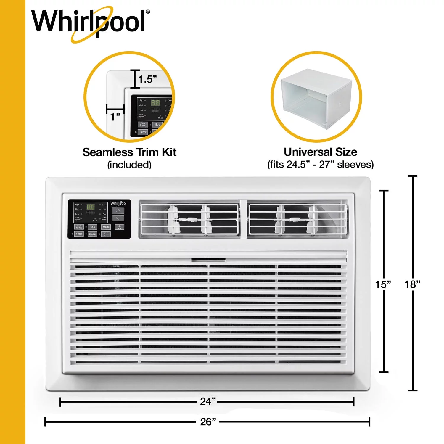 Whirlpool 12,000 BTU 230-Volt Through-the-Wall Air Conditioner, Dehumidifier | AC for Rooms up to 550 Sq.Ft | Remote Control | Digital Display | 24H Timer | WHAT122-2AW