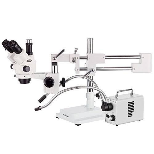 Amscope 7X-45X Simul-Focal Stereo Zoom Microscope on Dual Arm Boom Stand + 30W LED 2-Gooseneck Illuminator