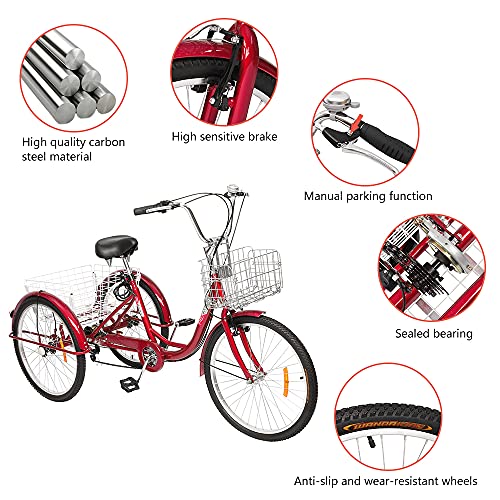 PEXMOR Adult Tricycle 7 Speed, 24/26 Inch 3 Wheel Bikes Tricycle for Adults, Adult Trike for Women/Men/Seniors, Three Wheel Cruiser Bike w/Folding Front & Rear Basket for Shopping/Recreation/Picnic