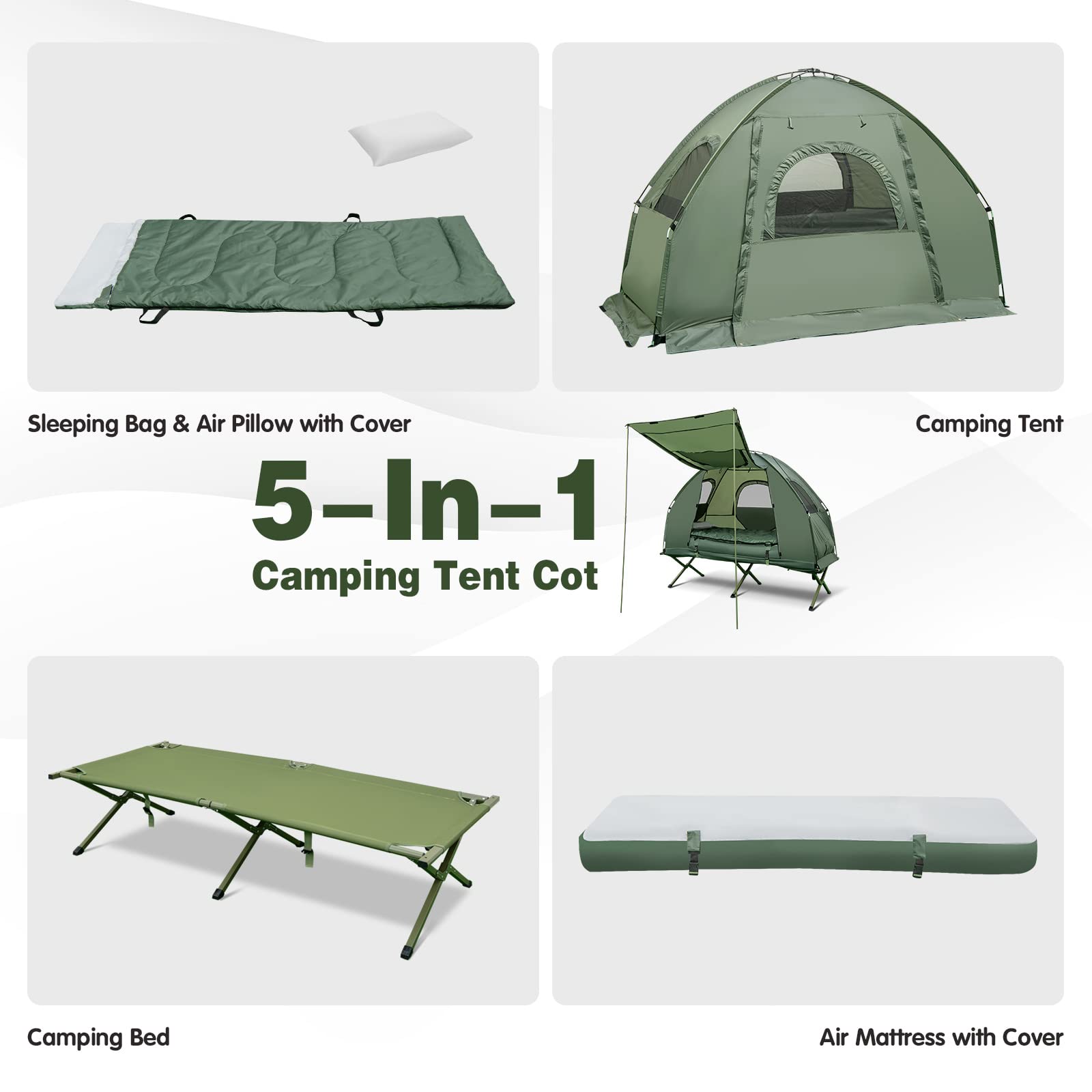 1-Person 5-in-1 Tent Cot, Camping Cot Tent with Air Mattress, Sleeping Bag, Camping Cot, Awning & Air Pillow, Carrying Bag, Off The Ground Tent, Elevated Tent Cot for Camping Hiking Picnic Travel