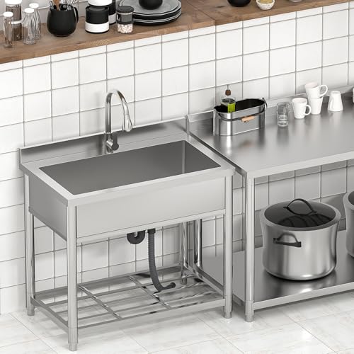 Stainless Steel Large Utility Sink Single Bowl, Freestanding Laundry Sink with Pull-Out Faucet, Utility Sink for Laundry Room, Garage, Kitchen, Outdoor/Indoor Use, W35.4" x D22.4" x H37"