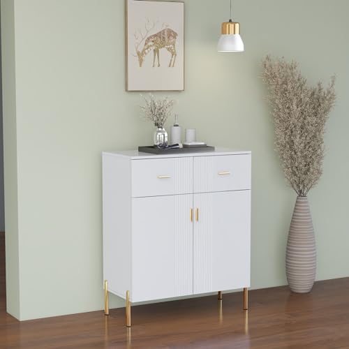 2 Door Sideboard Floor Storage with 2 Drawers and Shelves Buffet Cabinet Perfect for Living Room, Kitchen, Home Office, Entryway, Elegant White Finish