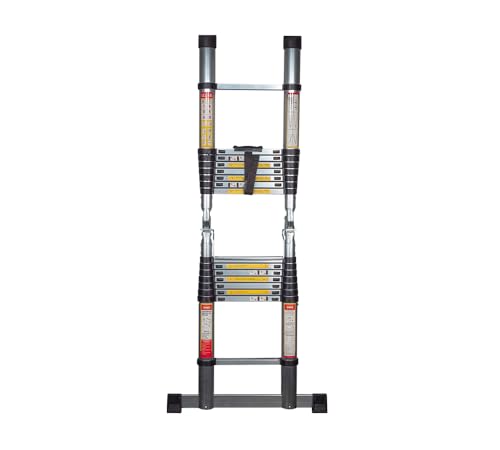 Mytee Products 16.5' Telescoping Ladder A Frame - Aluminum Extention Ladder w/Balance Bar, Carry Handle & Tool Tray - Folding Collapsible Ladder for Extend & Climb RV or for Household & Outdoor Work