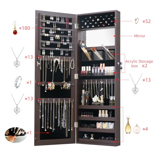 8 LED Lights Jewelry Armoire with Mirror - 47.3” H Mirror Jewelry Cabinet Door Hanging/Wall Mounted Mirror With Storage And 2 Drawers - Off-White