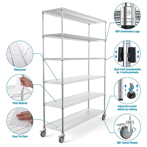 NSF 6 Tier 6000lbs Metal Shelf Wire Shelving Unit, Heavy Duty Adjustable Storage Rack with 5in Wheels and Shelf Liners for Commercial Grade Utility Steel Storage Rack - 18"D x 60"L x 87.5"H - Black