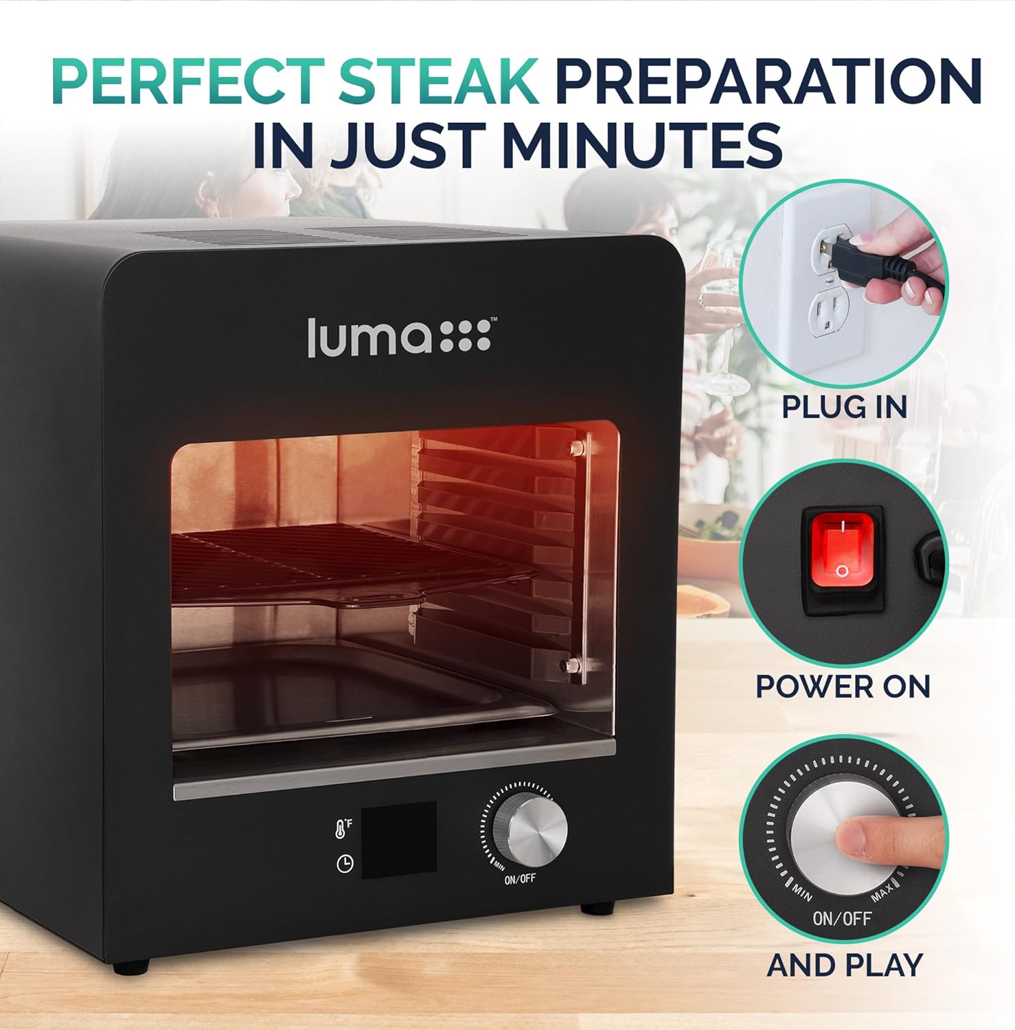 Luma Electric Steak Grill, Portable Indoor Countertop Oven with Griddle, Smokeless Electric Infrared Grill, Heats up to 1450 Degrees, BBQ, Grill, Toast, and Broil Chicken, Beef, Pork, and Vegetables