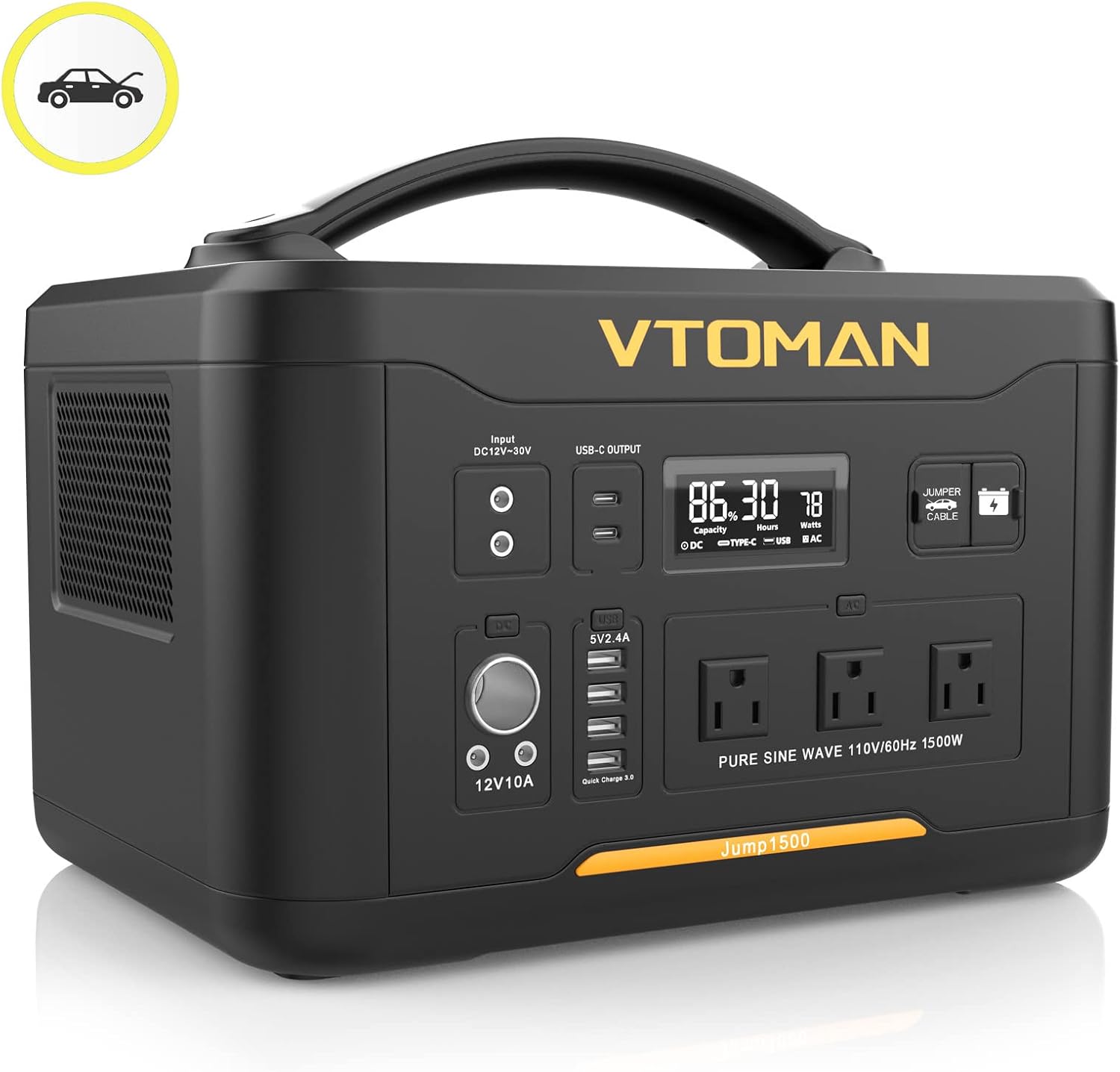 VTOMAN Jump 1500 Portable Power Station with Jump Starter, 1500W/1548Wh LiFePO4 Battery Station with AC 1500W(Peak 3000W)/PD 100W/QC3.0/DC 12V, Battery Powered Generator for Outdoor RV/Van Camping