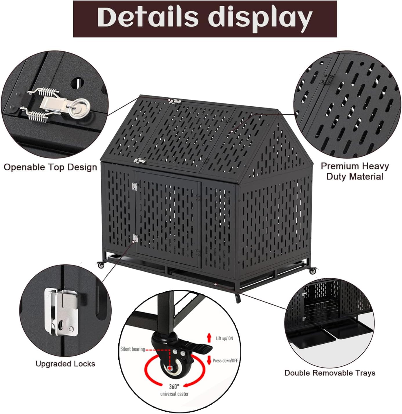 45 inch Heavy Duty Dog Crate with Locking Latch, Large Kennel with Pointed Roof, Indestructible and Escape-Proof Pet Cage for High Anxiety Dogs, XL Dog Crate