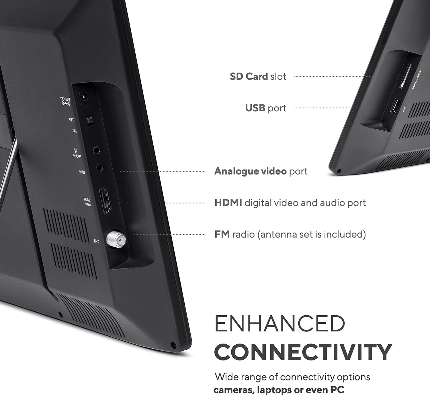 Tyler 16 Portable TV LCD Monitor Battery Powered Wireless Capability HD-TV, HDMI, USB, RCA, SD Card, AC/DC, FM Radio, Car Charger, Remote Control, Built in Stand Small Mini for Car Kids & Traveling