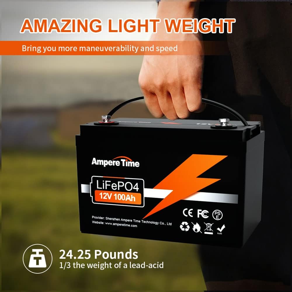 Ampere Time 12V 100Ah LiFePO4 Battery with 14.6V 10A Dedicated Lithium Battery Charger; Built-in 100A BMS, 4000+ Cycles, for RV, Solar, Marine, Overland, Off-Grid Application…