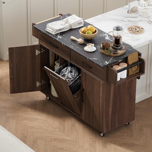Kitchen Island With Large Drop Leaf, Rolling Kitchen Island On Wheels With Adjustable Shelf, Wood Kitchen Cart With Trash Can Storage Cabinet, Spice Rack, Towel Rack And Two Drawers (Walnut Brown-03)