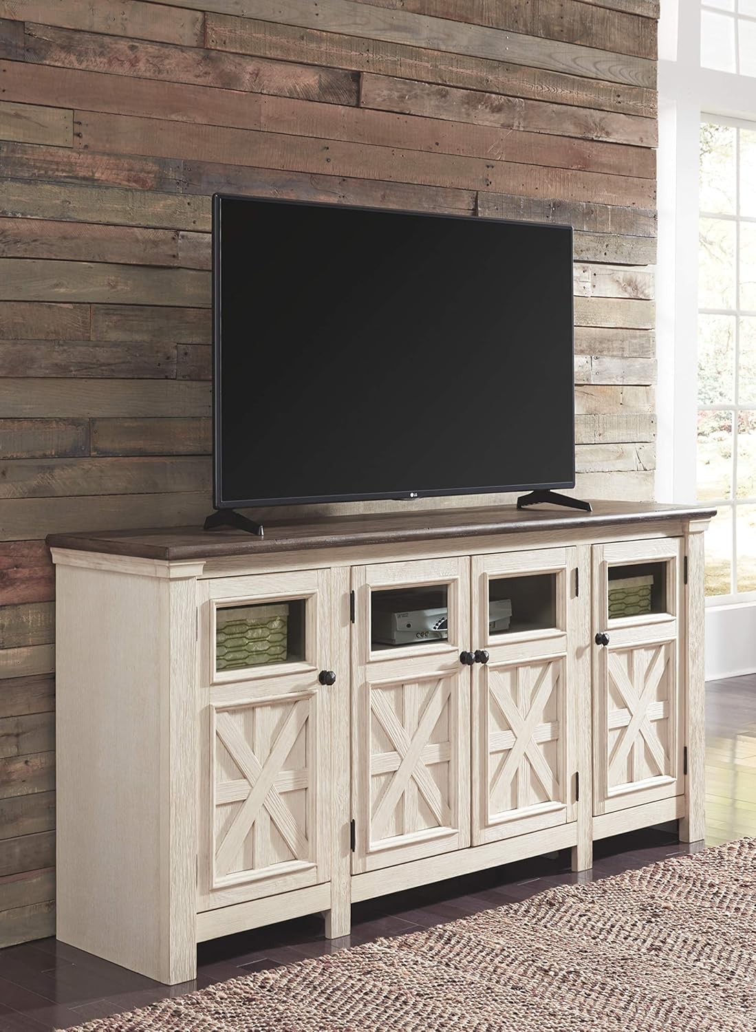 Signature Design by Ashley Bolanburg Two Tone Farmhouse TV Stand, Fits TVs up to 72, 3 Cabinets and Adjustable Storage Shelves, Whitewash