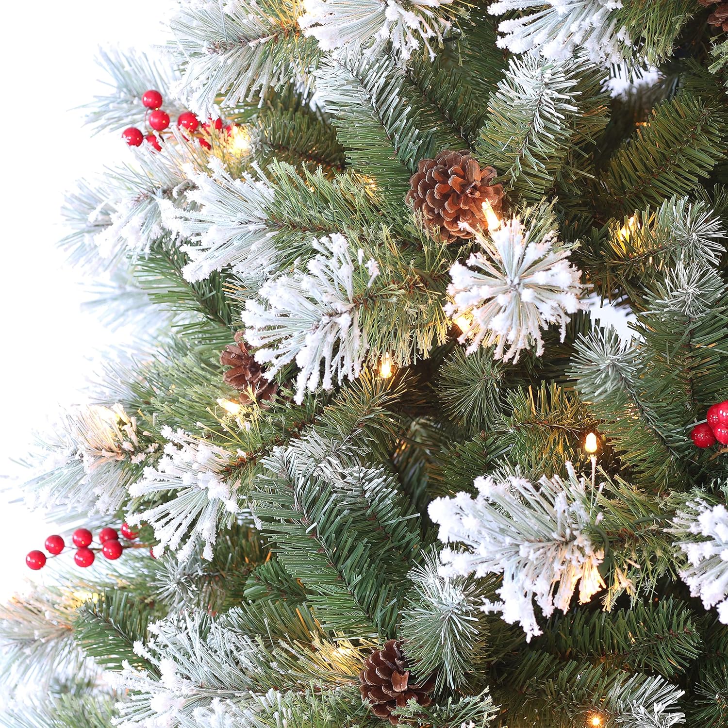 7.5 ft Flocked Pine Tree, 1042 Tips, 350 UL Clear Incandescent Lights, Pine Cones & Berries