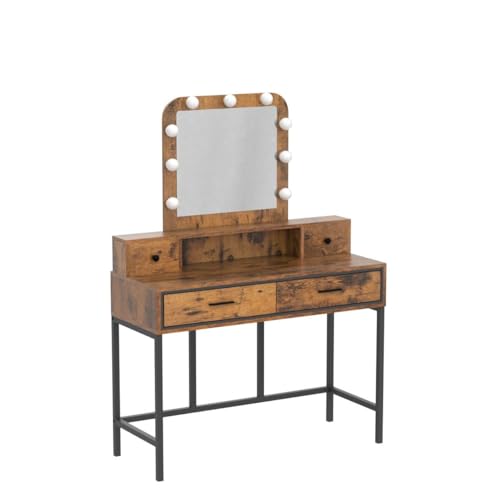 Sunvivi Vanity, Makeup Vanity Desk with 3 Color Dimmable Lighted Hollywood Mirror, White Vanity with 4 Drawers, Large Dressing Table for Women Girls