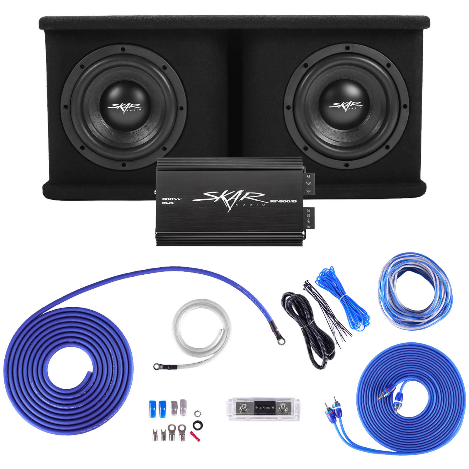 Skar Audio Dual 8" Complete 1 400 Watt SDR Series Subwoofer Bass Package - Includes Loaded Enclosure with Amplifier and Wiring Kit - Megean