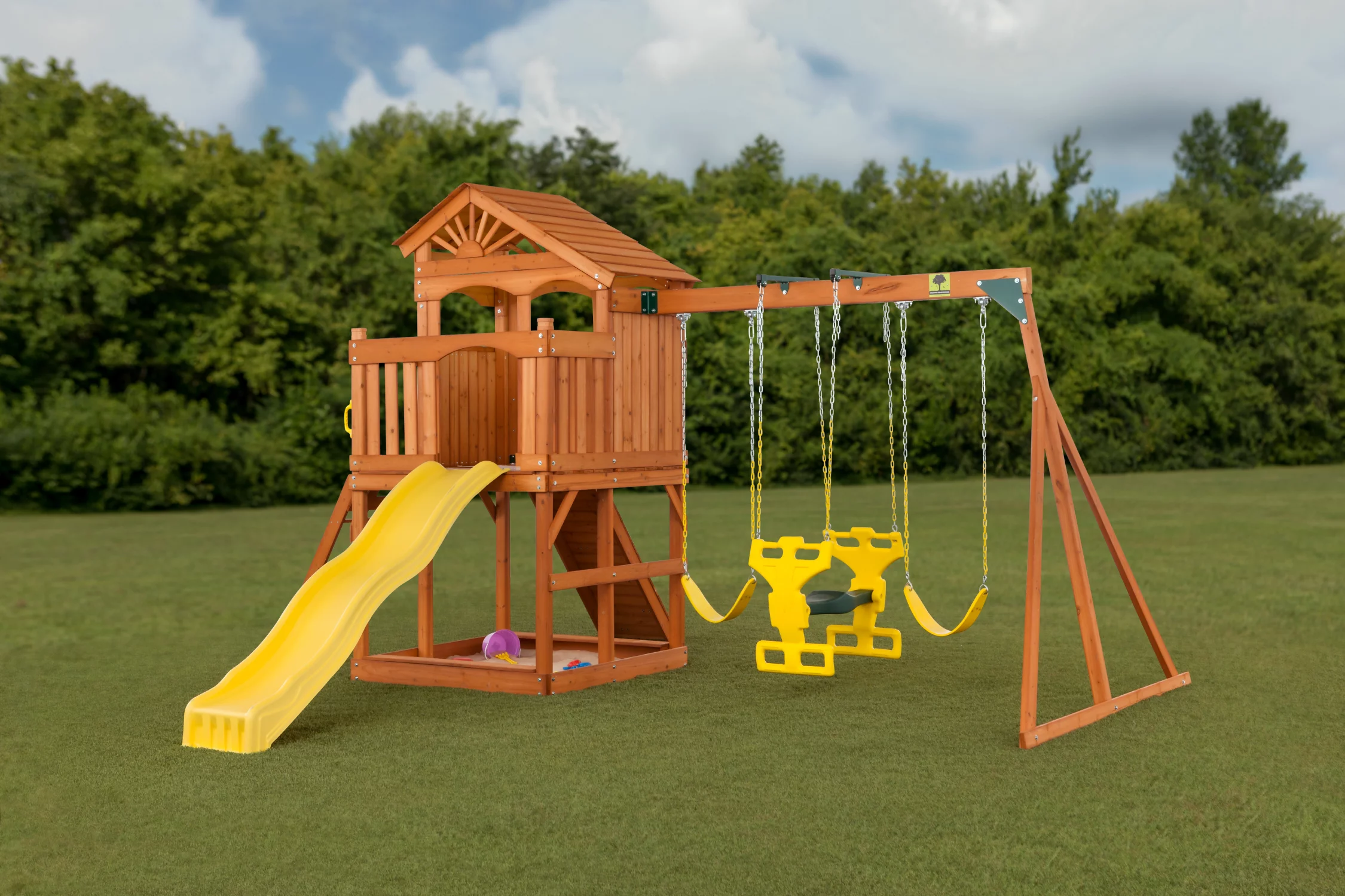 Creative Cedar Designs Timber Valley Wooden Playset with Wooden Roof, Glider Swing, Sandbox, Climbing Wall, Ladder, Slide & Belt Swings