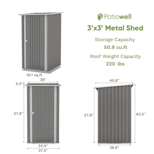 Patiowell 3 x 3 FT Outdoor Storage Shed,Small Garden Tool Storage Shed with Sloping Roof and Single Lockable Door, Outdoor Shed for Backyard Garden Patio Lawn, Grey