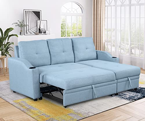80.3" Pull Out Sofa Bed Modern Padded Upholstered Sofa Bed, Linen Fabric 3 Seater Couch with Storage Chaise and Cup Holder, Small Couch for Small Spaces Primary Living Room Sectionals