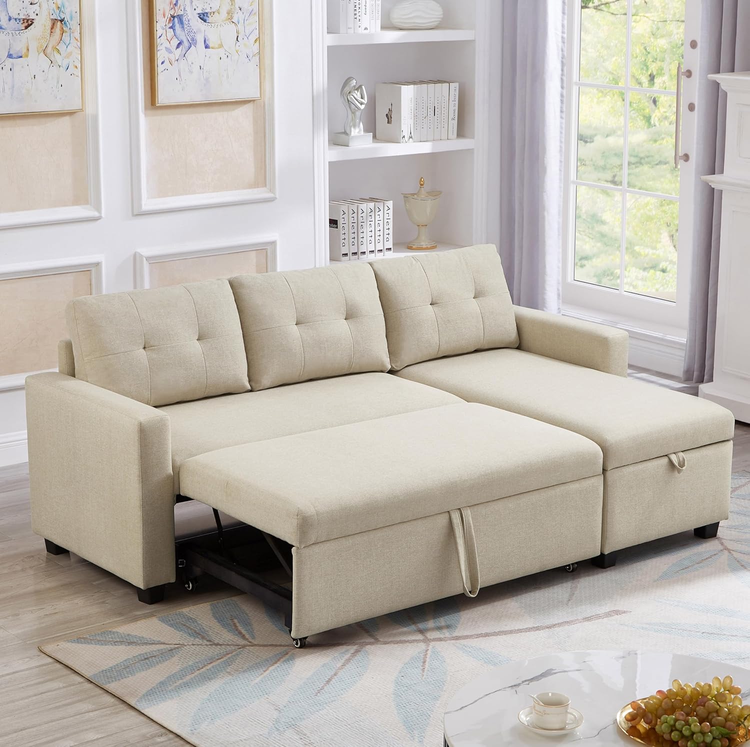 81.5" Convertible Sofa Sectional L-Shape Sleeper Storage Chaise&Pull-Out Bed,Upholstered Reversible Corner Couches for Living Room, Apartment, Small Spaces, Office, Dorm, 81.5inch, Beige