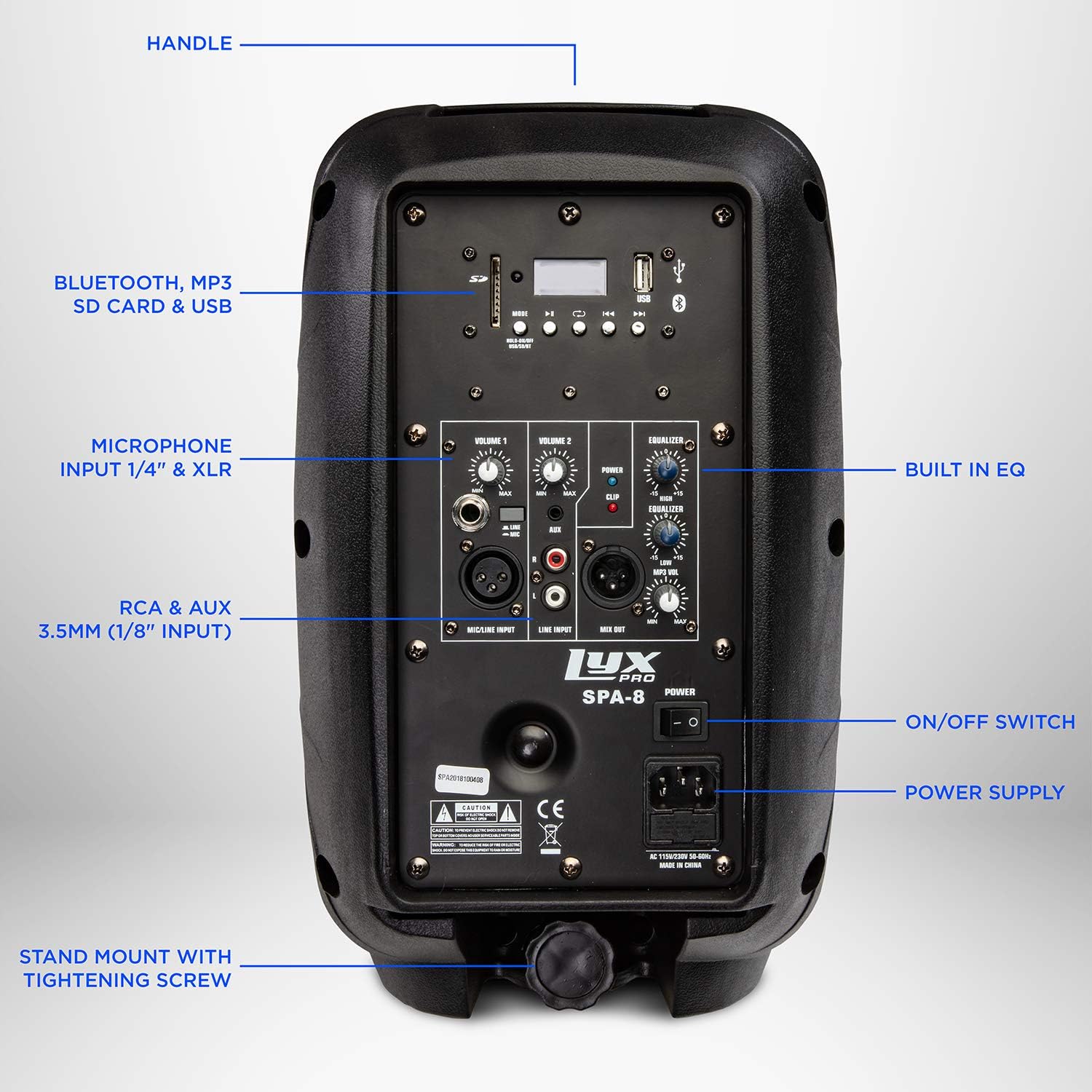LyxPro SPA15 15 Portable PA Speaker System With Metal Tripod Stand Combo Kit Power Active Power Amplifier Equalizer Bluetooth SD Slot USB MP3 XLR 1/4 1/8 3.5mm Inputs Remote Control Carry Handles