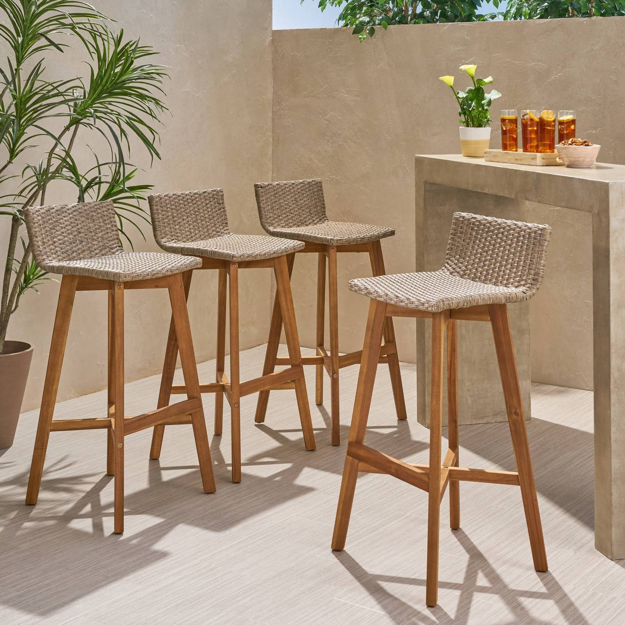4pk La Brea Acacia Wood u0026 Wicker Patio Barstools Brown - Christopher Knight Home