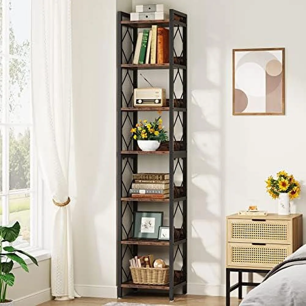 GVJMTKP 78.7 Inch Extra Tall Narrow Bookshelf  7 Tier Skinny Bookcase for Small Spaces  Freestanding Display Shelves  Multifunctional Corner  Organizer for Home Office  Rustic Brown - Curated Treasures Market