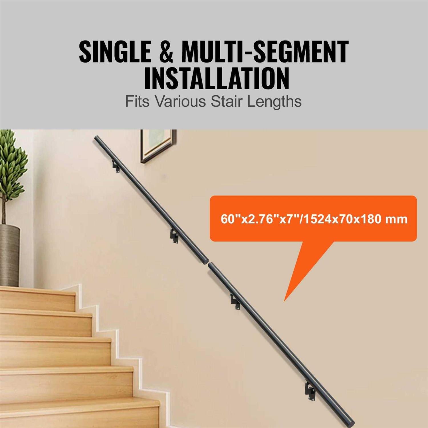 VEVOR Handrail Stair Railing 7 in. H x 60 in. W Wall Mount Handrails Black Aluminum Alloy Handrails for Indoor Stairs - Shop Hardware Tools Online Store