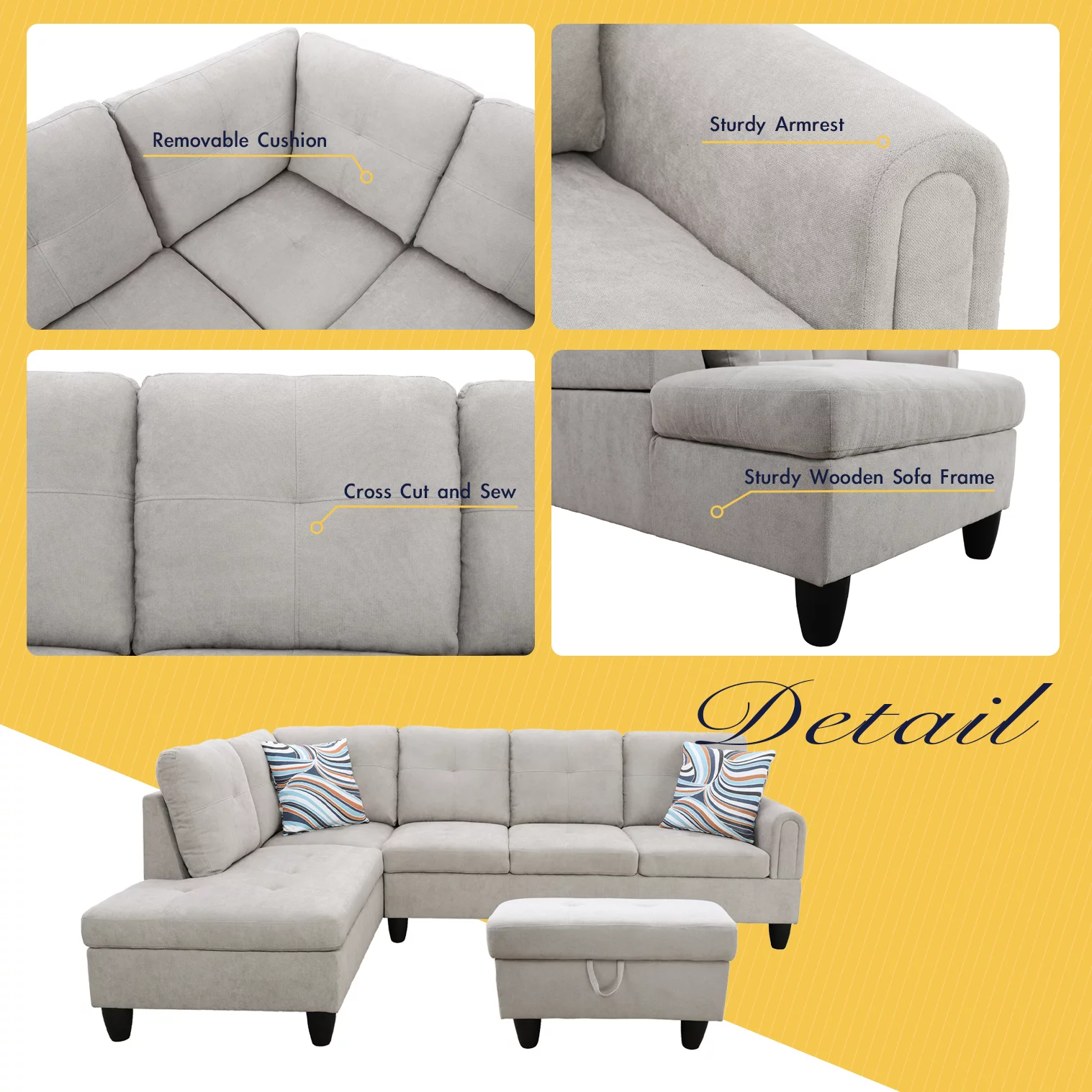 AYCP Furniture Sectional Sofa 3 Pieces L-Shape Sectional Sofa Set