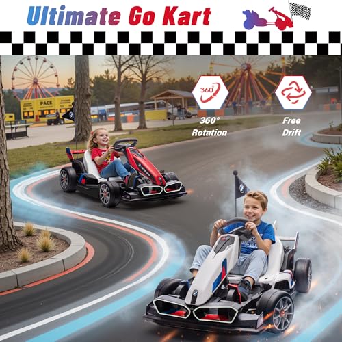 24V 9AH Electric Go Kart with Adjustable Seat, 7.5 MPH Drift Kart for Kids Age 6-12, 2 * 200W Motors, Drift Mode and 2 Speed, Licensed BMW (Grey)