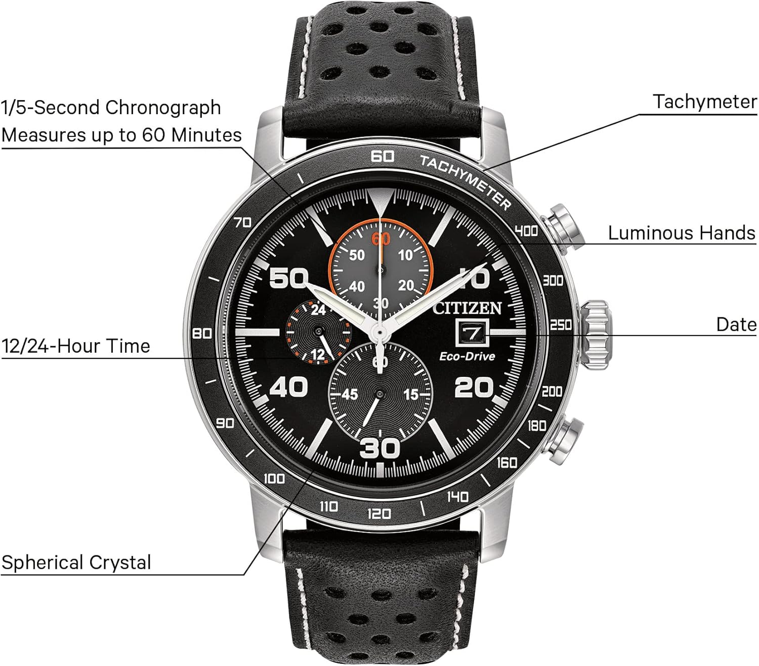 Citizen Men's Eco-Drive Weekender Brycen Chronograph Watch in Stainless Steel, Black Leather strap, Black Dial (Model: CA0649-14E)