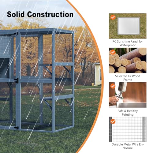 Catio Outdoor Cat Enclosure, Large Cat House for Mulitiple Cats Walk in Cat Cage with Waterproof Cover and Sunshine Panel Roof, Feral Cat Shelter with 7 Platforms and 2 Resting Box, 72 inch