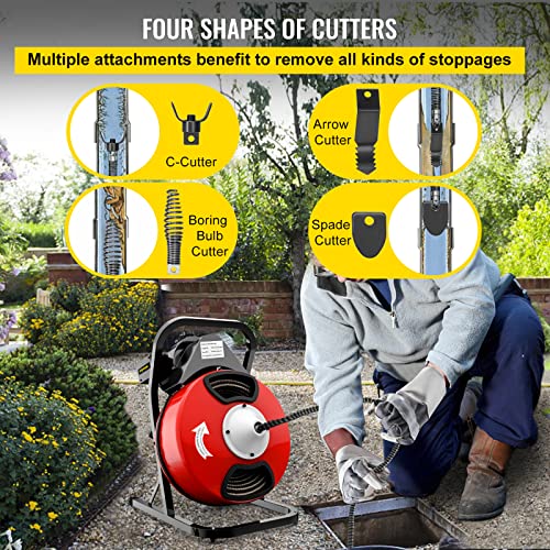 VEVOR 50FTx1/2Inch Drain Cleaner Machine, Sewer Snake Electric Drain Auger Cleaner with 4 Cutter & Foot Switch for 2" to 4" Pipes