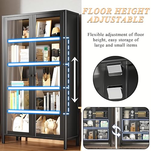 Display Cabinet with Glass Doors, 5 Tier Metal Storage Cabinet Curio Display Cabinet with Adjustable Shelves, Large Capacity Collectibles Toy Display Case for Living Room