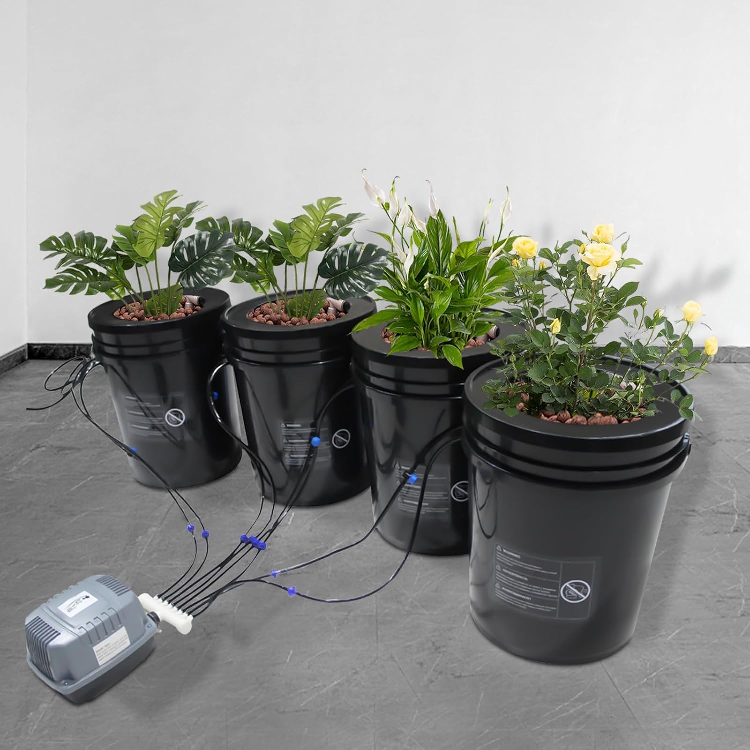 DWC Hydroponics Growing System, 5 Gallon Deep Water Culture, Recirculating Drip Garden System Kit with Multi-Purpose Air Hose, Air Pump, and Air Stone (4 Bucket + Reservoir Kit)