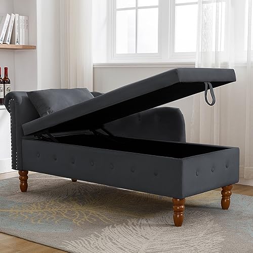 Chaise Lounge Indoor,Velvet Lounge Chair for Bedroom with Storage & Pillow,Modern Upholstered Rolled Arm Chase Lounge for Sleeping with Nailhead Trim for Living Room Bedroom Office (Black)