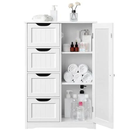 Wooden Bathroom Floor Cabinet Free Standing Storage Organizer White, Size: 22 x 12 x 32 inch (LxWxH)