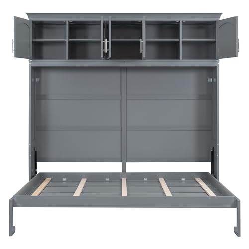 Full Size Murphy Bed with Top Cabinets and New Pneumatic Lift, Wall Chest Bed Space-Saving Design Cube Cabinet Wood Beds Frame Slat, Flexible Conversion Chest for Guest Room Home Office
