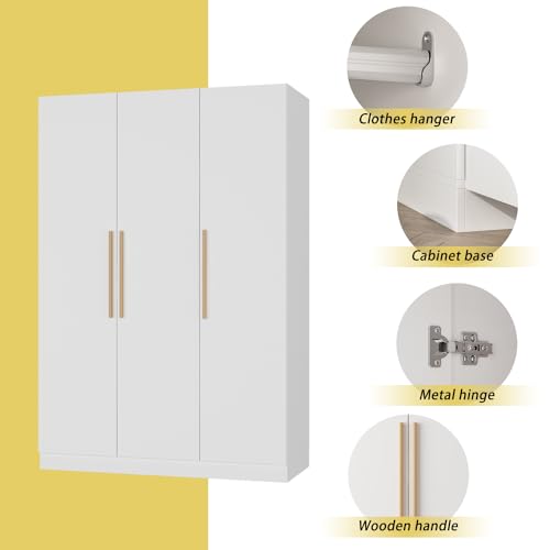 Large Armoire Wardrobe with 3 Doors, 1 Top Storage Space, 1 Hanging Space, 4 Closed Shleves, Clothes Organizer for Bedroom, White (47.2”W x 18.9”D x 70”H)