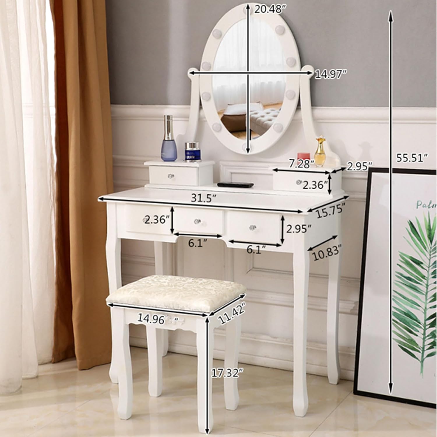 Vanity Desk with Mirror, Makeup Vanity Table with Lights and 5 Drawers Dressing Table for Bedroom Dressing Room