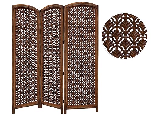 Room Divider Wood Screen - Ghanti Bells Antique Brown - 4 Panel Folding 72 x 80 - Assembled Hand Carved Decorative Functional Versatile Portable Partition Reversible Privacy Boho - COTTON CRAFT