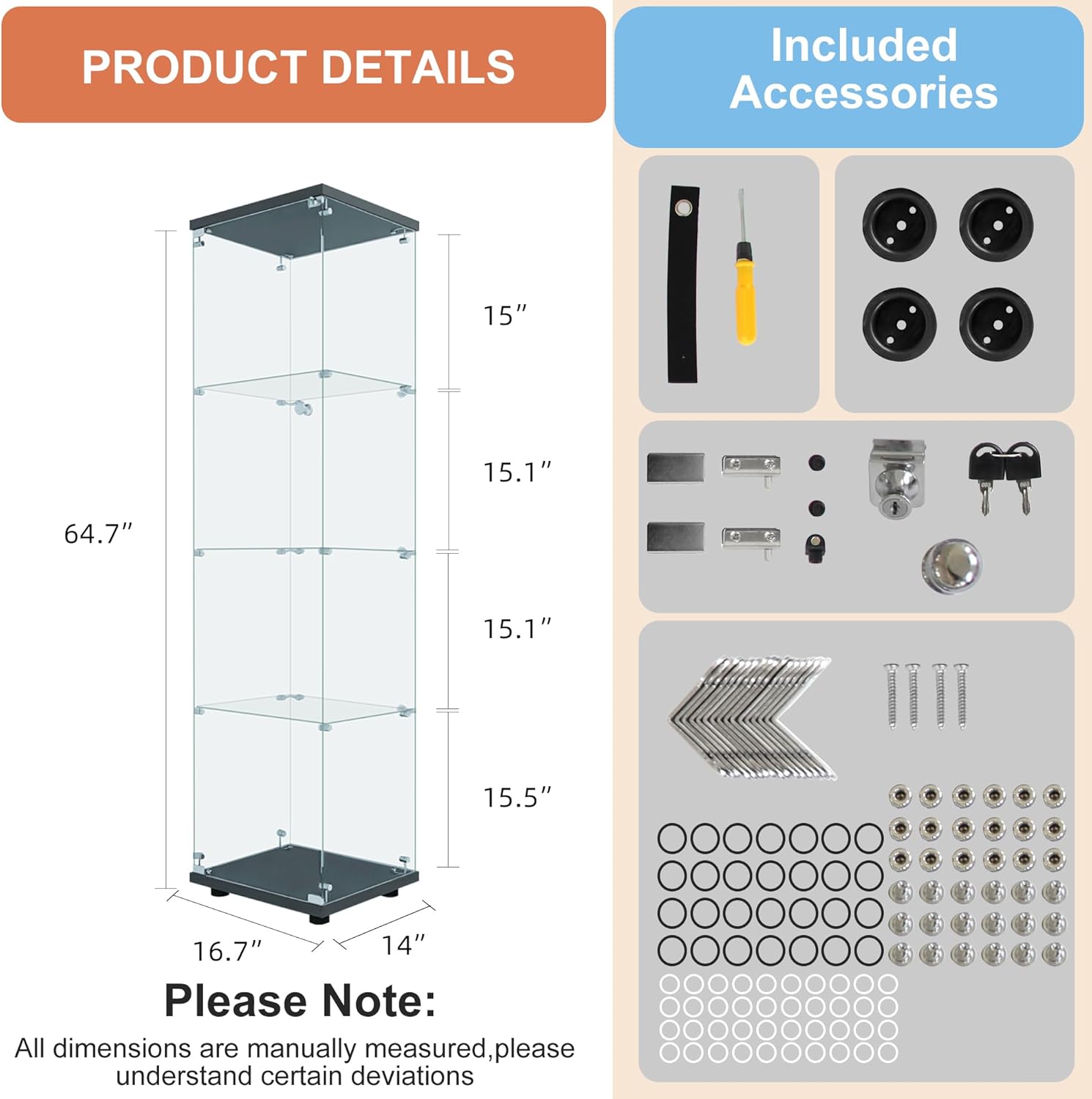 FANYUSHOW Glass Display Cabinet 4 Shelves with Door and Lock, Curio Cabinet for Living Room, 5mm Tempered Glass Display Shelf, Black Glass Display Case 64.7" H x 16.7" L x 14" W