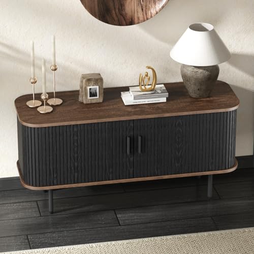 47''W Black Cabinet with Storage, Media Console, Tambour TV Stand, Television Stands with Curvy Edge & Sliding Door, Fluted Cabinet, Buffet Sideboard, Credenza, Table Stand for Living Room, Kitchen