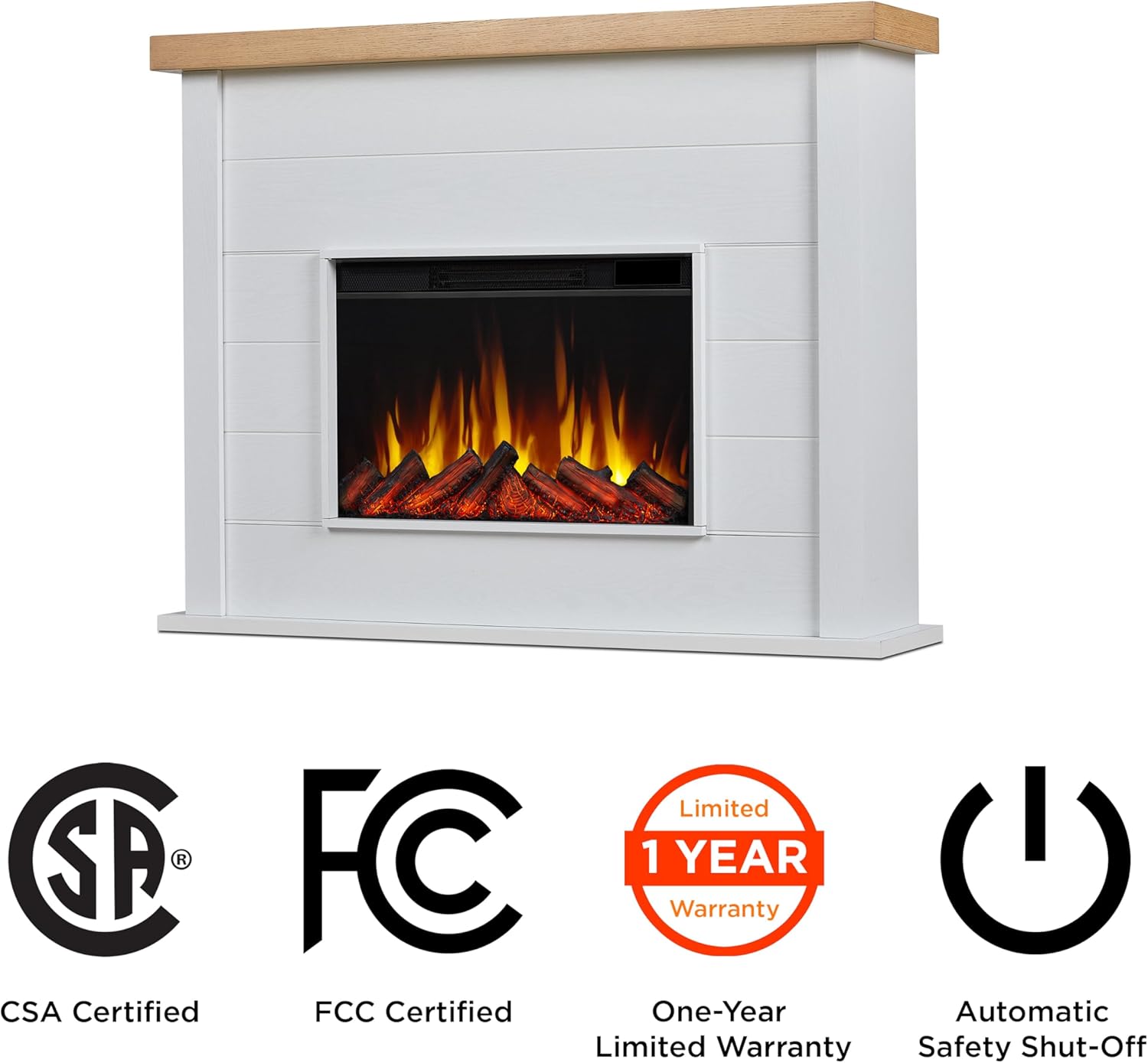 Real Flame Marshall 49" Slim Electric Fireplace with Mantel for Living Room or Bedroom, Replaceable Fireplace Insert Heater, Realistic Log and Flame Effect, Remote Control, White