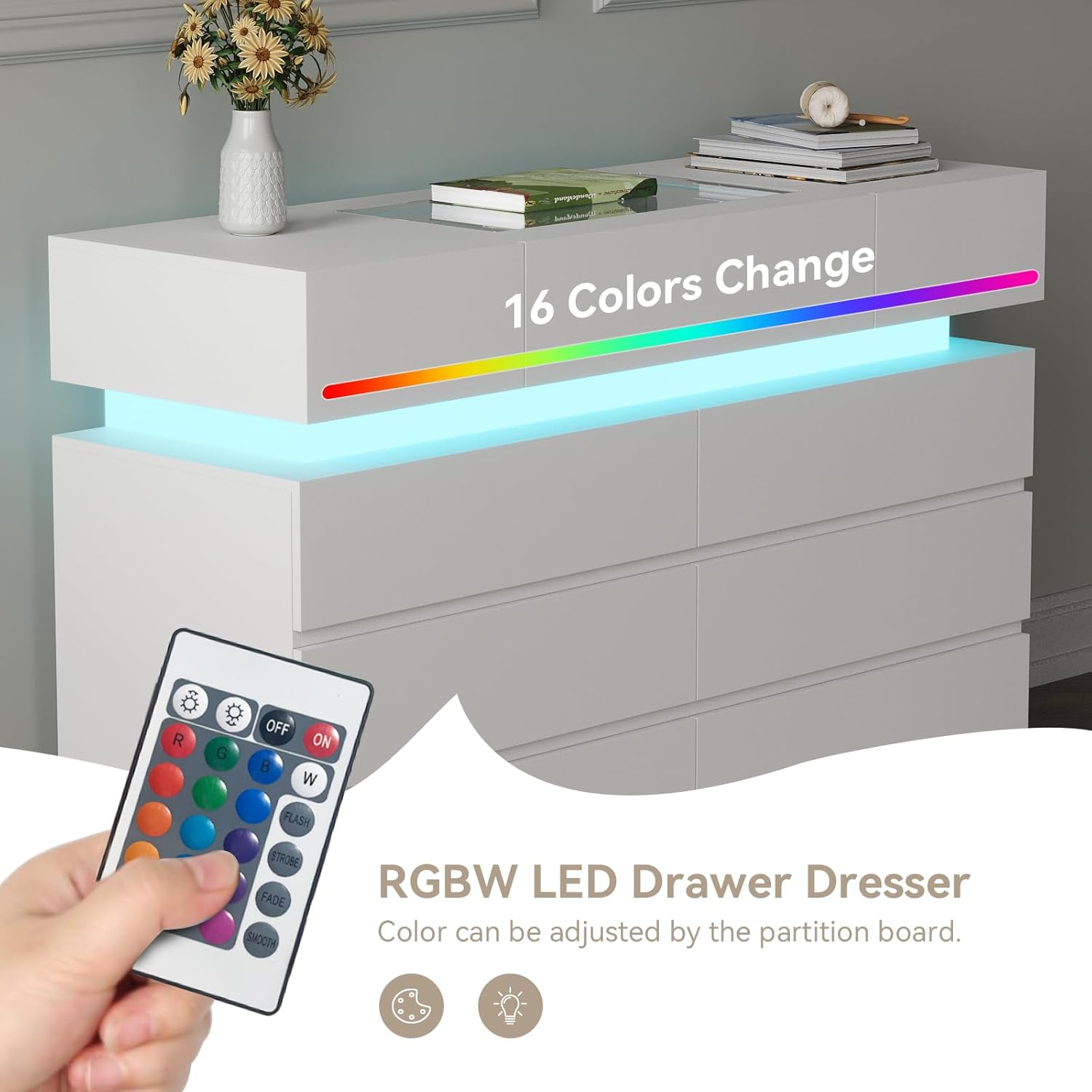 ARTETHYS White Dresser for Bedroom 6 Drawer Dresser Organizer for Closet Clothes Chest of Drawers with LED Lights 47’’ Modern Storage Cabinet with Glass Top for Living Room Entryway Hallway